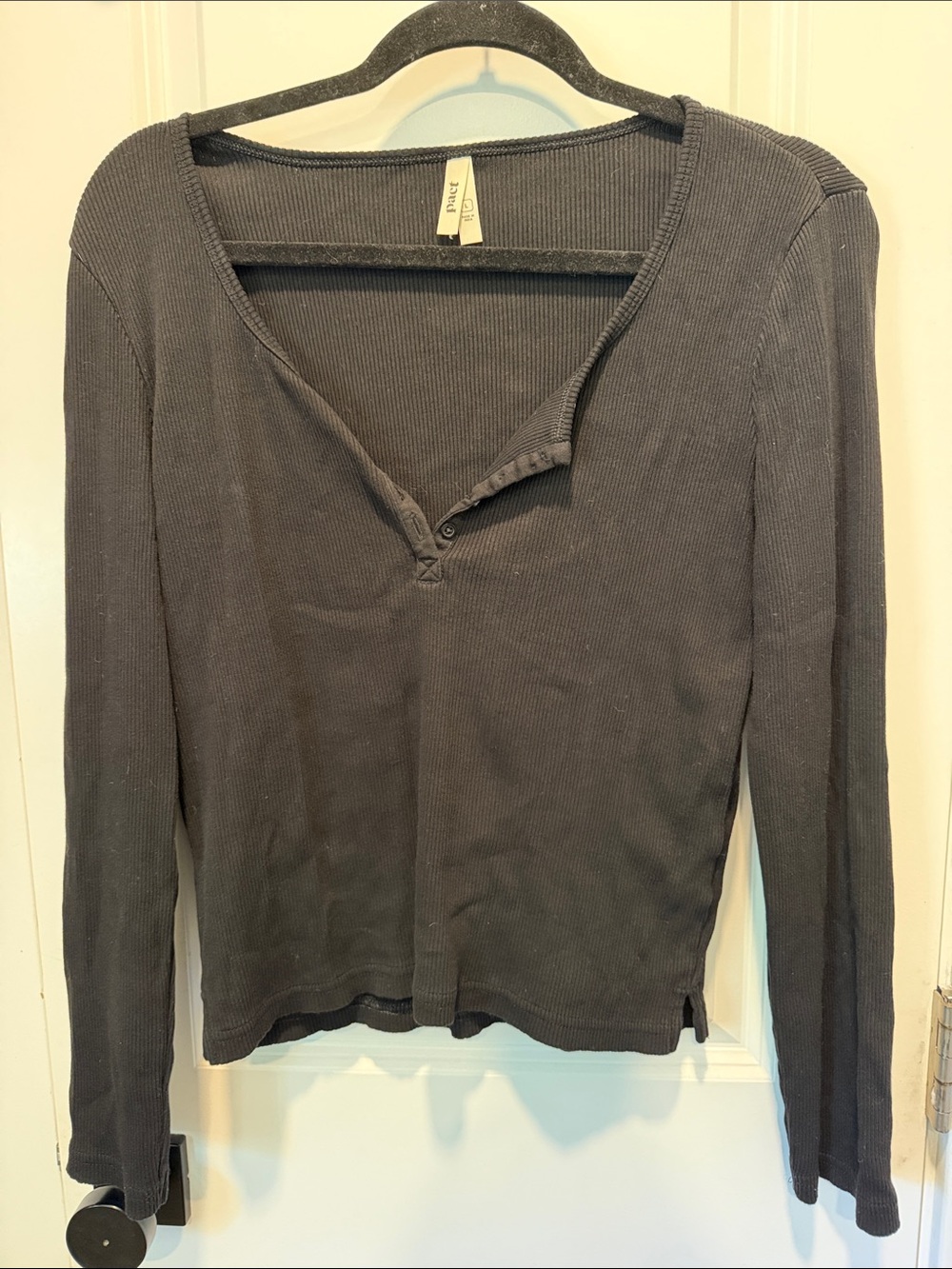 Pact Black  Ribbed Long Sleeve Henley Top